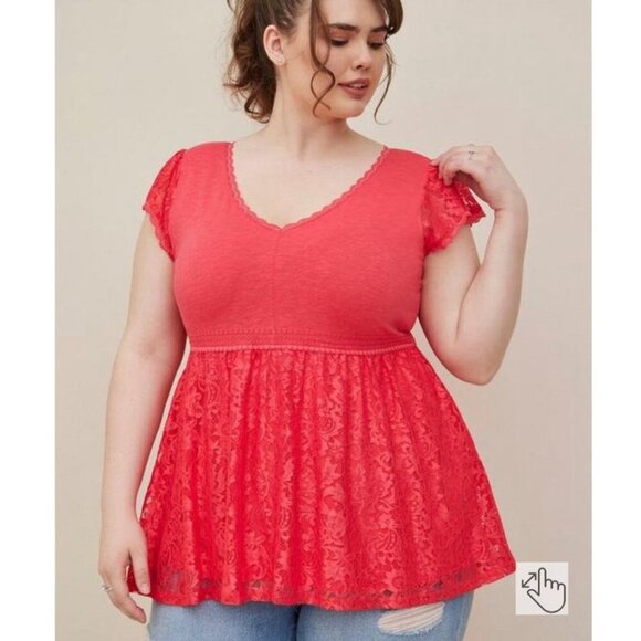 Torrid Size 3 Pinkish-Orange V-Neck Babydoll Lace Blouse NWT - Picture 1 of 6